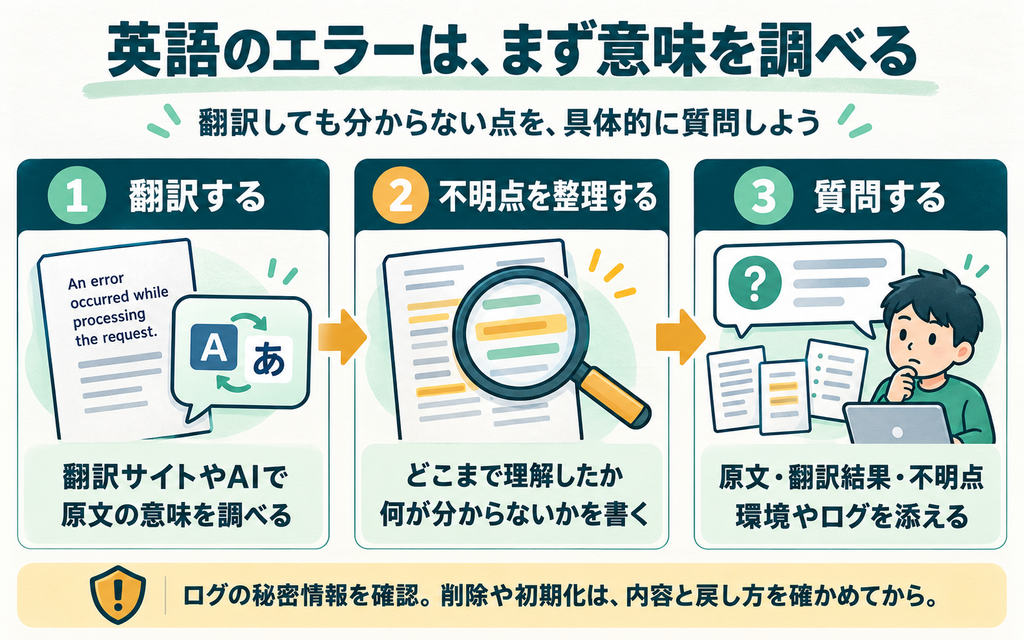 英語エラーの相談手順。翻訳サイトやAIで原文の意味を調べ、理解した内容と不明点を整理し、原文、翻訳結果、環境やログを添えて質問する。