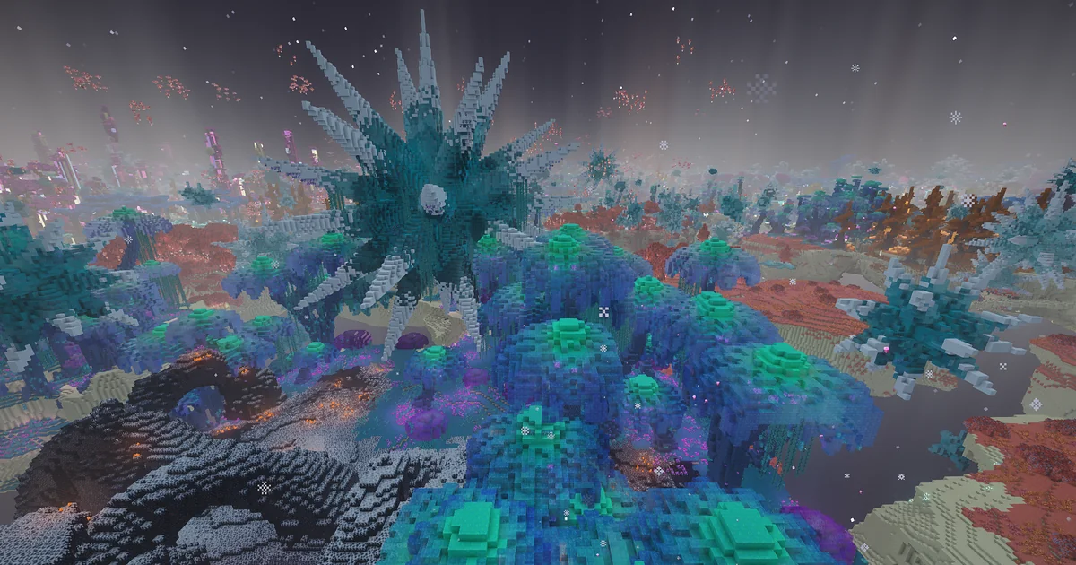 青緑色の樹木や色とりどりの植物が広がる、BetterEnd: New Dawnのエンドの風景